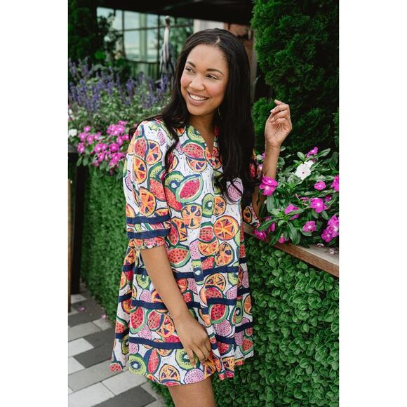 Briton Court Dresses & Skirts - Briton Court Puff Sleeves Tiered Cotton Poplin Dress Fruits Print Sz Large NWT